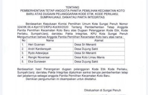 Kasus Penggelembungan Suara di Sungai Penuh, 5 PPK Koto Baru Diberhentikan